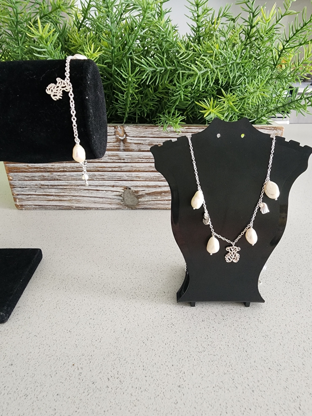Tous Silver Necklace and Bracelet Set with Cream Pearl Charms